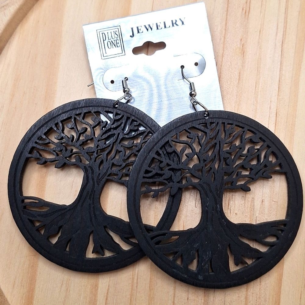 Black Carved Wooden Tree Earrings Tree Of Life Statemwmt Jewelry